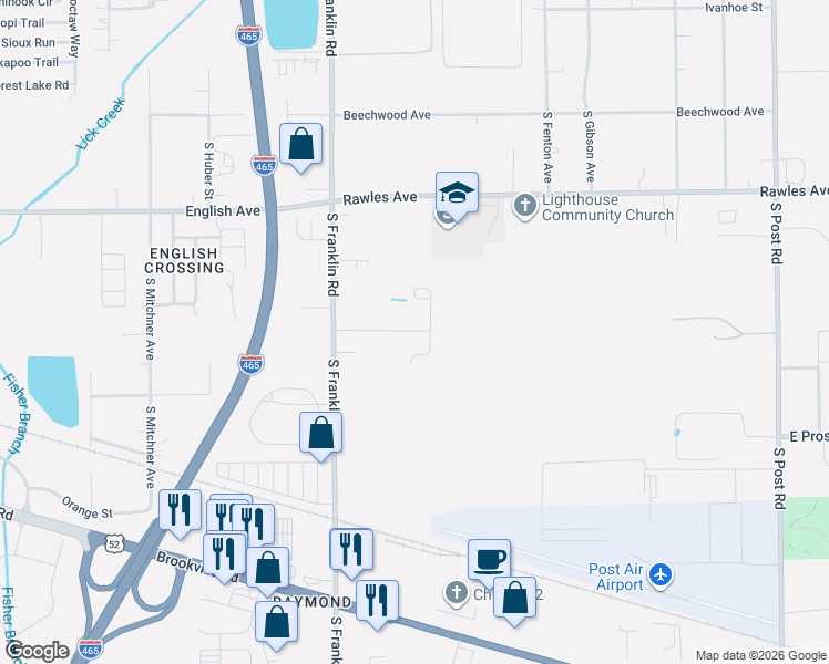 map of restaurants, bars, coffee shops, grocery stores, and more near 8111 Sycamore Springs Trail in Indianapolis