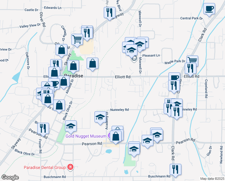 map of restaurants, bars, coffee shops, grocery stores, and more near 5921 Camino Lane in Paradise