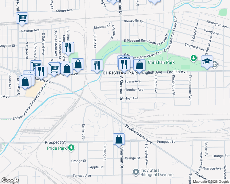 map of restaurants, bars, coffee shops, grocery stores, and more near 3711 Fletcher Avenue in Indianapolis
