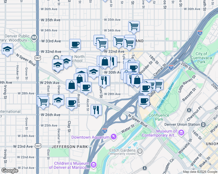 map of restaurants, bars, coffee shops, grocery stores, and more near 2826 Zuni Street in Denver