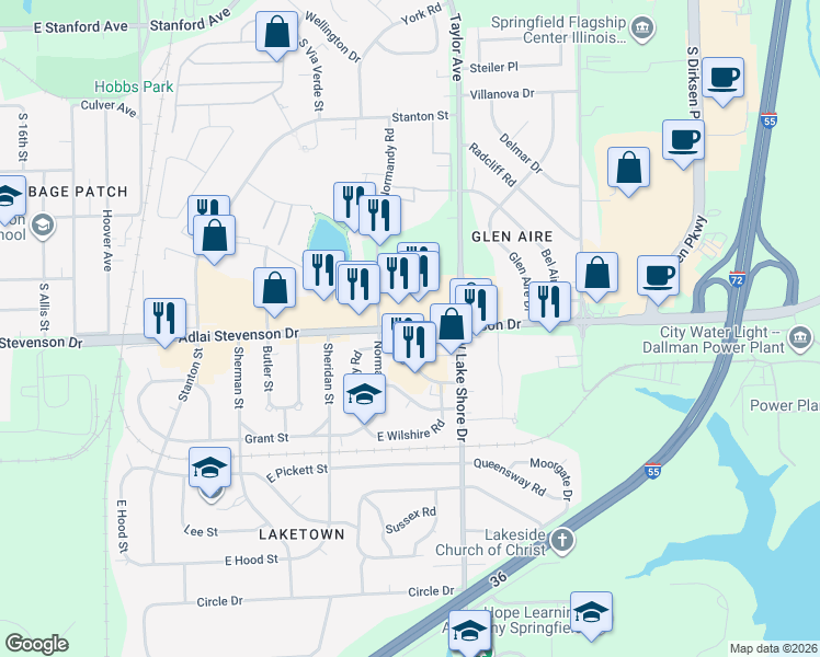 map of restaurants, bars, coffee shops, grocery stores, and more near 3201 Lake Plaza Drive in Springfield