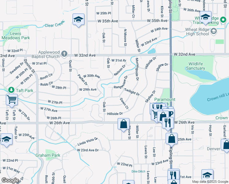 map of restaurants, bars, coffee shops, grocery stores, and more near 9 Twilight Drive in Wheat Ridge