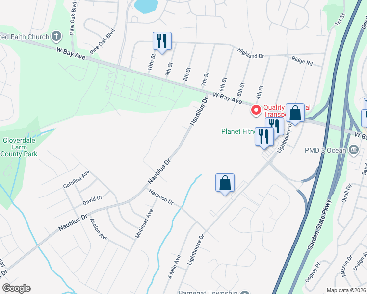 map of restaurants, bars, coffee shops, grocery stores, and more near 41 Nautilus Drive in Barnegat Township