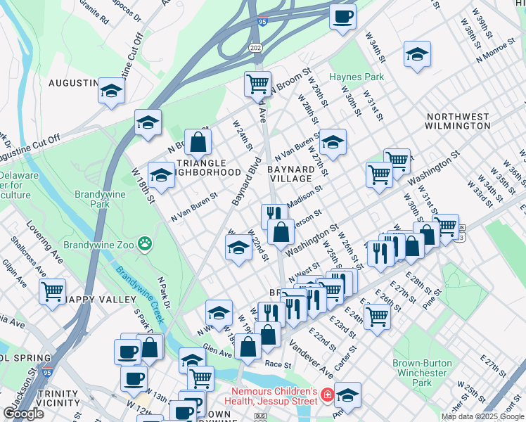 map of restaurants, bars, coffee shops, grocery stores, and more near 508 West 23rd Street in Wilmington