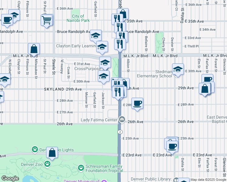 map of restaurants, bars, coffee shops, grocery stores, and more near 2850 Harrison Street in Denver