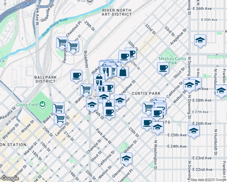 map of restaurants, bars, coffee shops, grocery stores, and more near 1101 26th Street in Denver