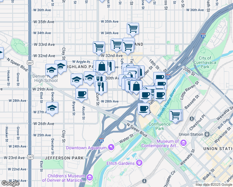 map of restaurants, bars, coffee shops, grocery stores, and more near 2205 West 28th Avenue in Denver