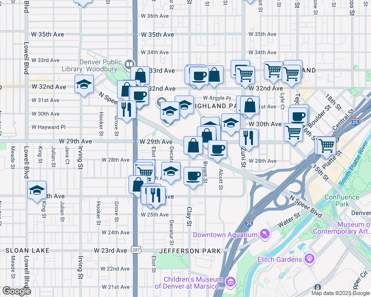 map of restaurants, bars, coffee shops, grocery stores, and more near 2719 West 28th Avenue in Denver