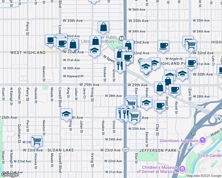 map of restaurants, bars, coffee shops, grocery stores, and more near 3115 West 28th Avenue in Denver