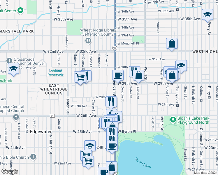 map of restaurants, bars, coffee shops, grocery stores, and more near 2820 Ames Street in Wheat Ridge