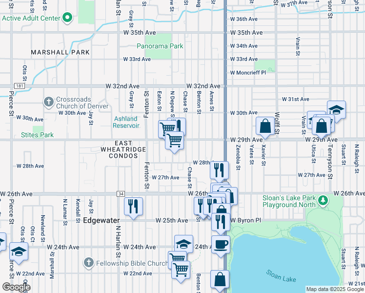 map of restaurants, bars, coffee shops, grocery stores, and more near 2829 Chase Street in Wheat Ridge