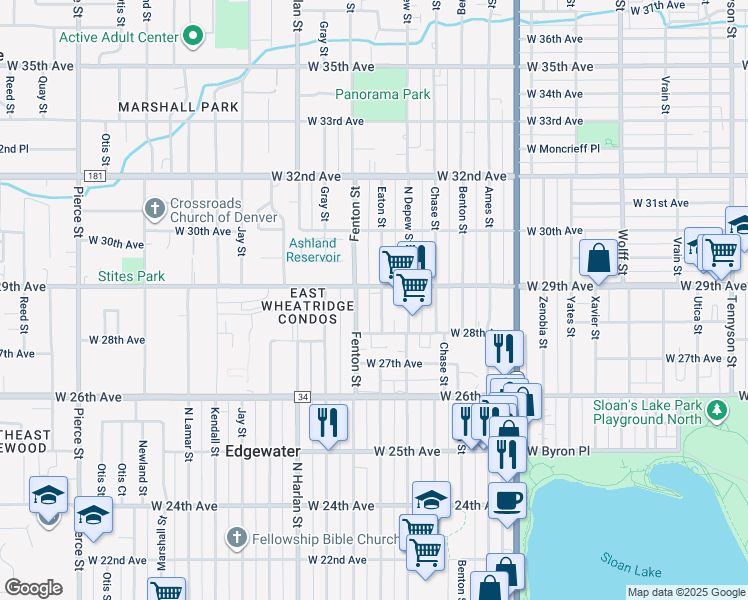 map of restaurants, bars, coffee shops, grocery stores, and more near 2830 Fenton Street in Wheat Ridge