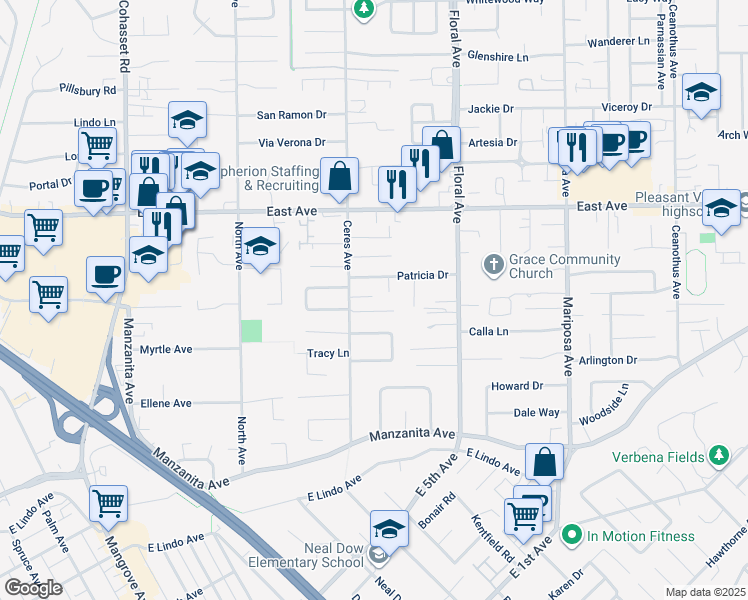 map of restaurants, bars, coffee shops, grocery stores, and more near 1165 Ceres Manor Court in Chico