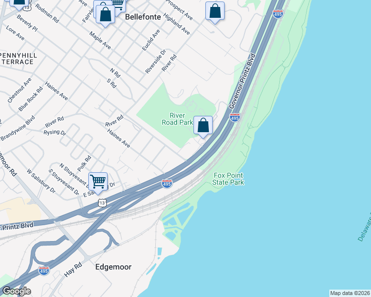 map of restaurants, bars, coffee shops, grocery stores, and more near 5101 Governor Printz Boulevard in Wilmington