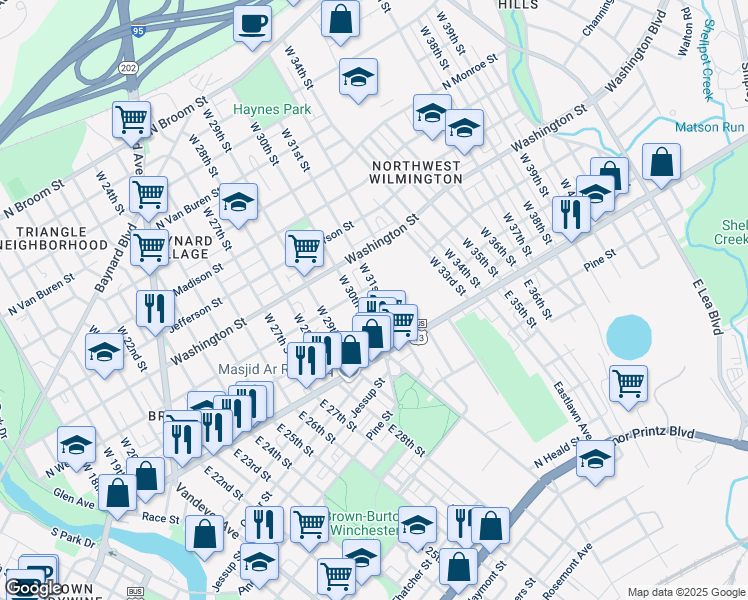 map of restaurants, bars, coffee shops, grocery stores, and more near 105 West 30th Street in Wilmington