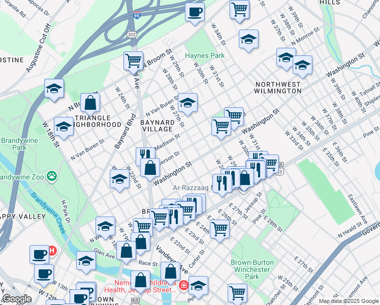map of restaurants, bars, coffee shops, grocery stores, and more near 304 West 26th Street in Wilmington