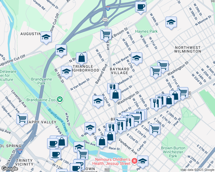 map of restaurants, bars, coffee shops, grocery stores, and more near 508 West 23rd Street in Wilmington