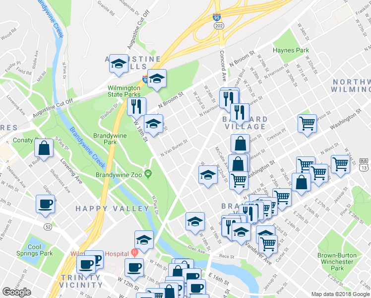 map of restaurants, bars, coffee shops, grocery stores, and more near 607 West 20th Street in Wilmington