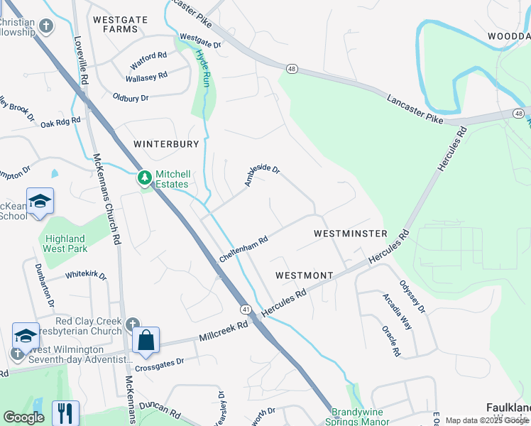 map of restaurants, bars, coffee shops, grocery stores, and more near 715 Cheltenham Road in Wilmington