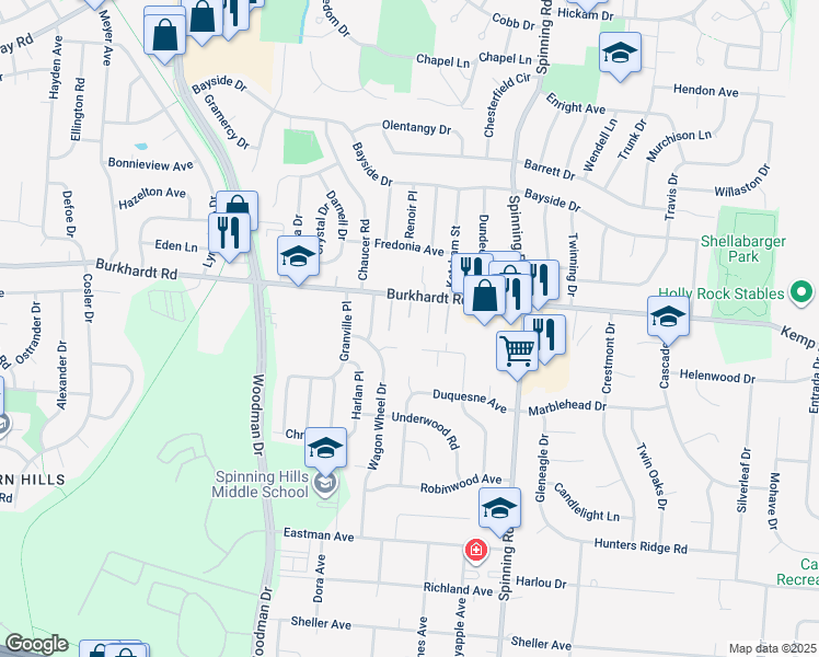 map of restaurants, bars, coffee shops, grocery stores, and more near 5299 Flamingo Court in Dayton