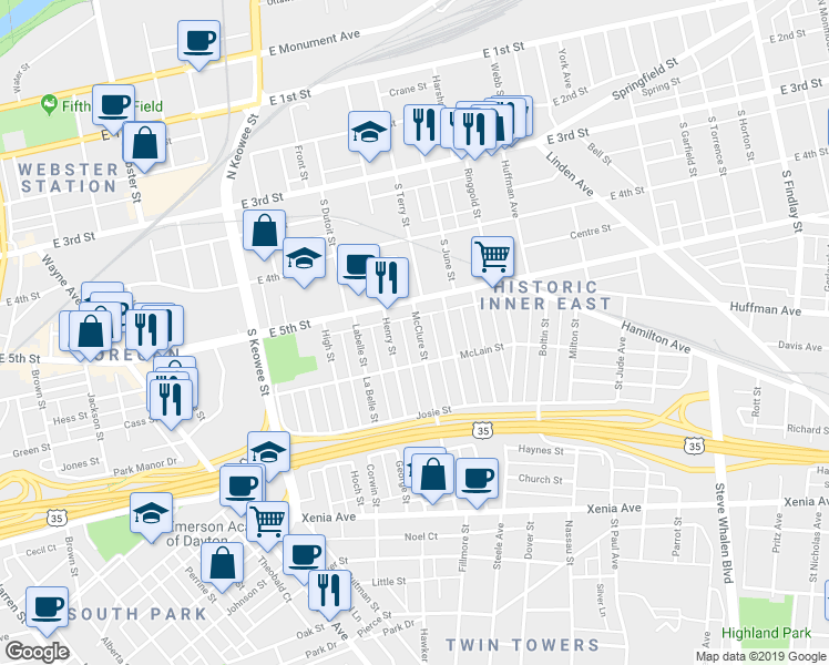 map of restaurants, bars, coffee shops, grocery stores, and more near 55 McClure Street in Dayton