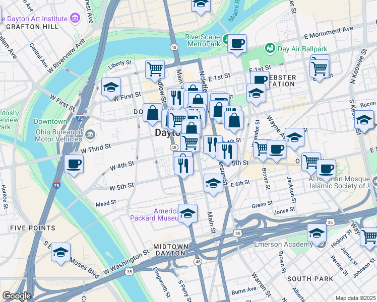 map of restaurants, bars, coffee shops, grocery stores, and more near 14 West 4th Street in Dayton