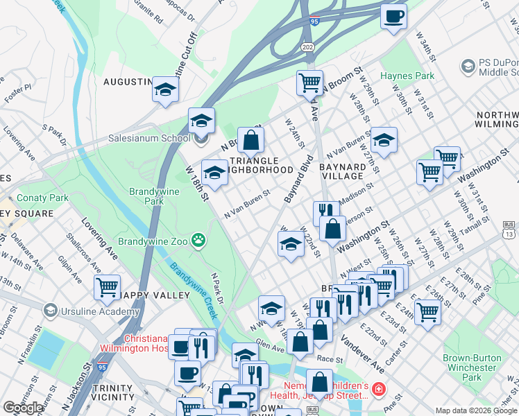 map of restaurants, bars, coffee shops, grocery stores, and more near 607 West 20th Street in Wilmington