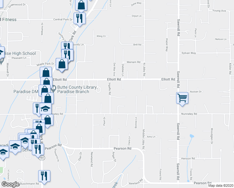 map of restaurants, bars, coffee shops, grocery stores, and more near 1309 Deodara Way in Paradise