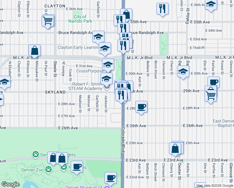 map of restaurants, bars, coffee shops, grocery stores, and more near 2850 Harrison Street in Denver