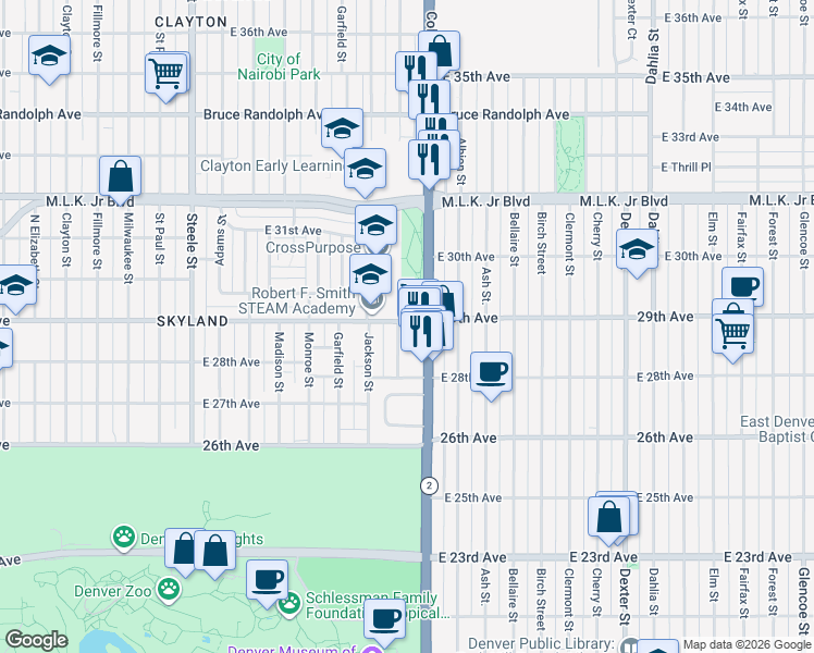 map of restaurants, bars, coffee shops, grocery stores, and more near 2850 Harrison Street in Denver