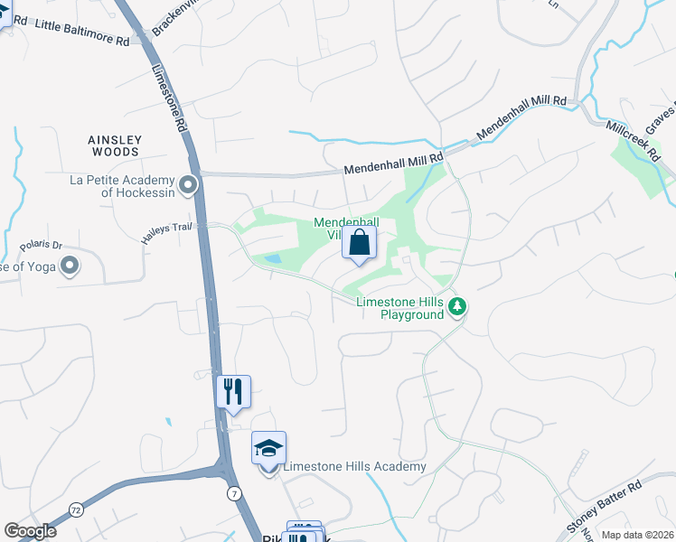 map of restaurants, bars, coffee shops, grocery stores, and more near 2 Ridgewood Drive in Hockessin