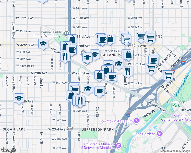 map of restaurants, bars, coffee shops, grocery stores, and more near 2719 West 28th Avenue in Denver