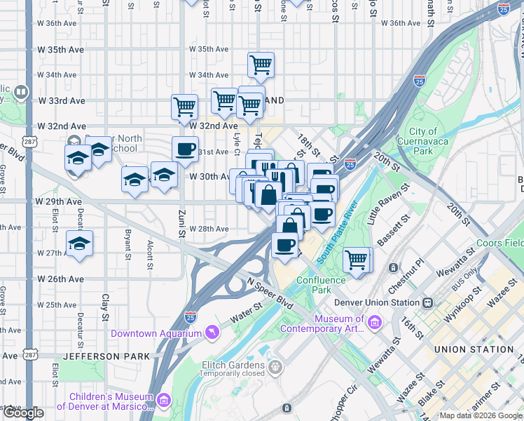 map of restaurants, bars, coffee shops, grocery stores, and more near 2500 15th Street in Denver