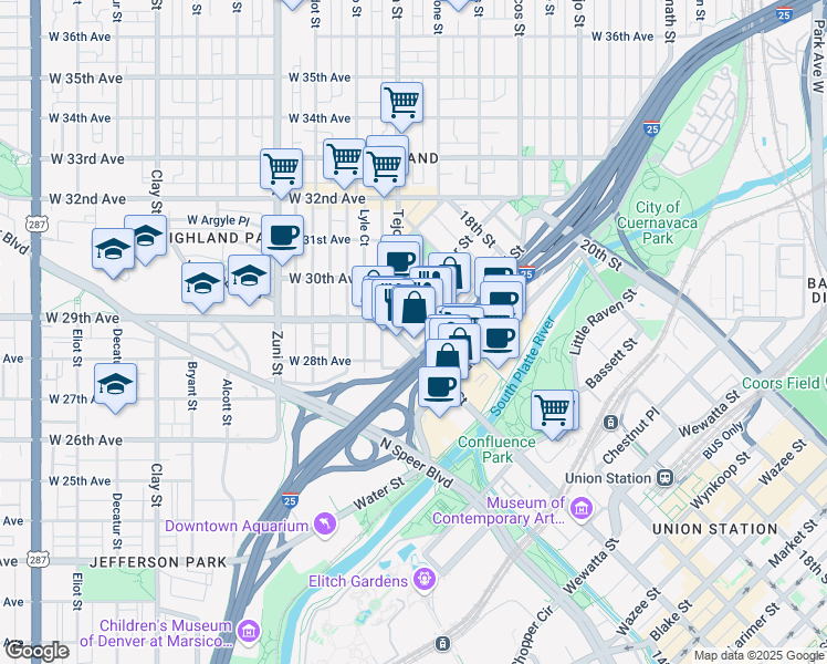 map of restaurants, bars, coffee shops, grocery stores, and more near 2500 15th Street in Denver