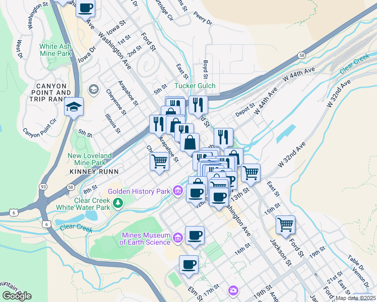 map of restaurants, bars, coffee shops, grocery stores, and more near Washington Avenue in Golden