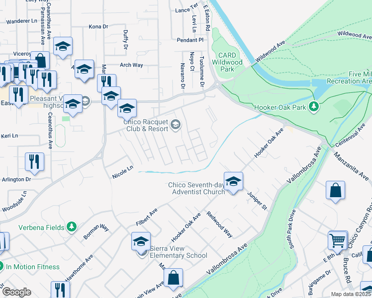 map of restaurants, bars, coffee shops, grocery stores, and more near 1675 Manzanita Avenue in Chico