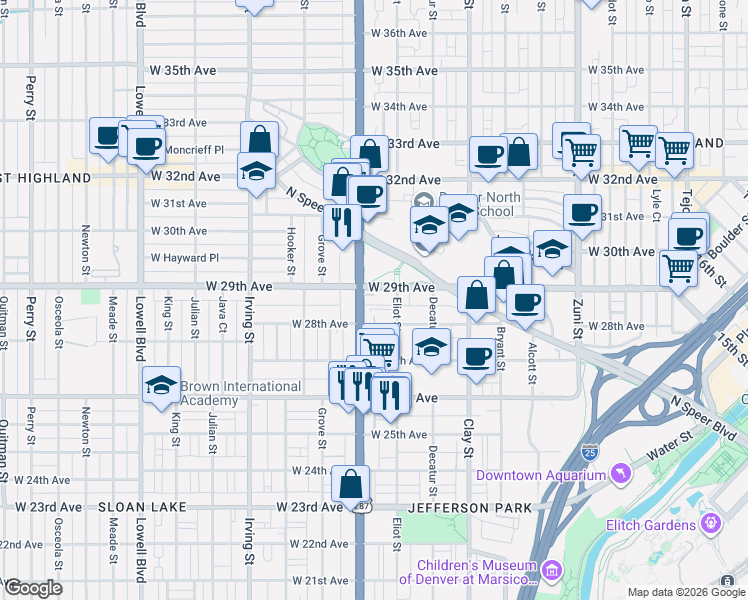 map of restaurants, bars, coffee shops, grocery stores, and more near 2920 West 29th Avenue in Denver