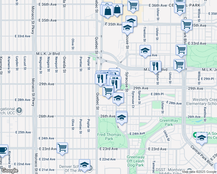 map of restaurants, bars, coffee shops, grocery stores, and more near 7372 29th Avenue in Denver