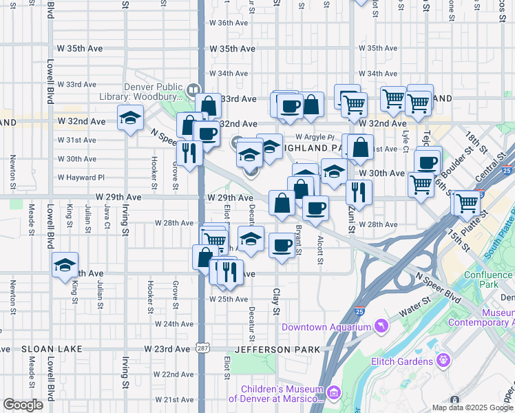 map of restaurants, bars, coffee shops, grocery stores, and more near 2832 Decatur Street in Denver