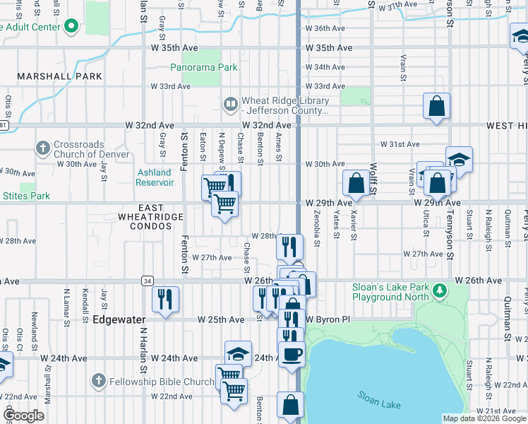 map of restaurants, bars, coffee shops, grocery stores, and more near 2828 Benton Street in Wheat Ridge