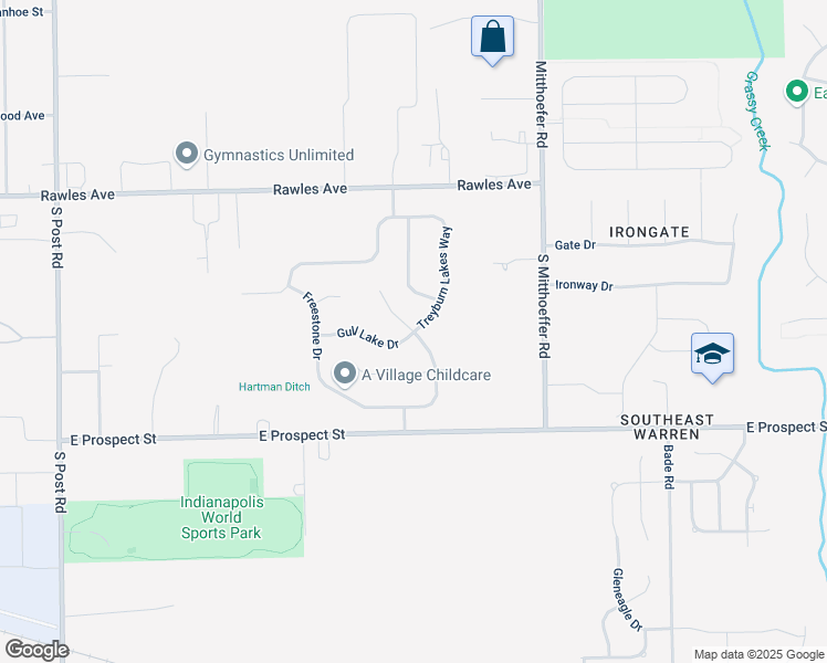 map of restaurants, bars, coffee shops, grocery stores, and more near Treyburn Green Drive in Indianapolis