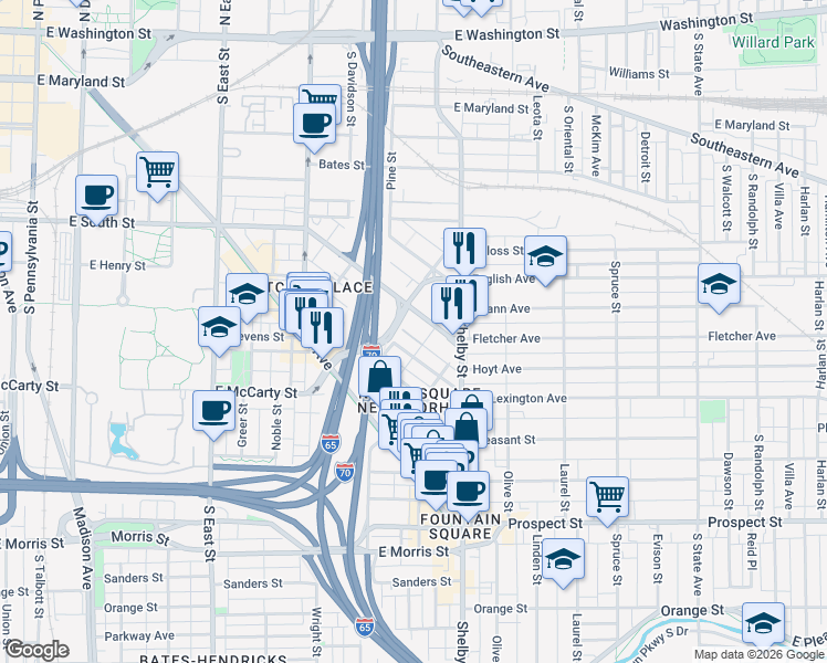 map of restaurants, bars, coffee shops, grocery stores, and more near 930 Lexington Avenue in Indianapolis