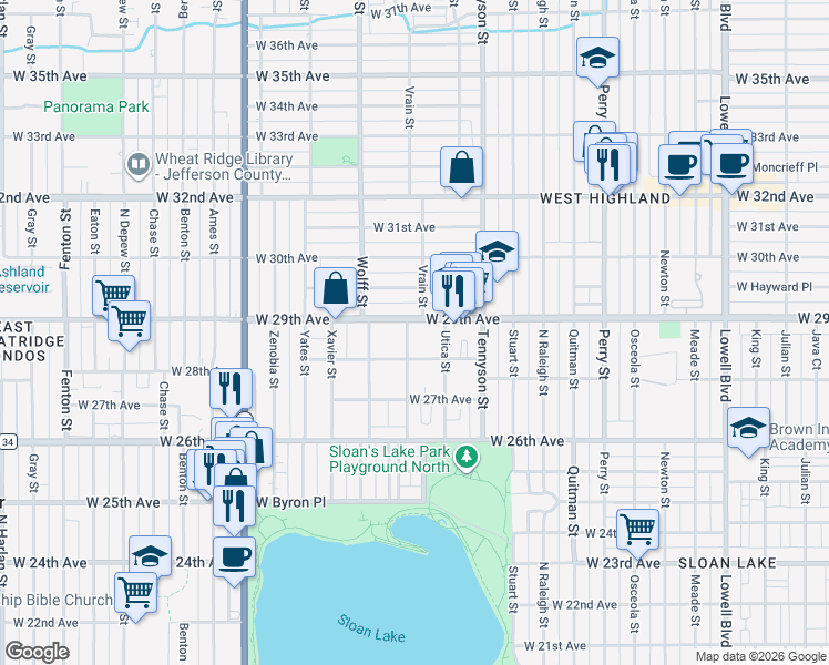 map of restaurants, bars, coffee shops, grocery stores, and more near 2808 Vrain Street in Denver