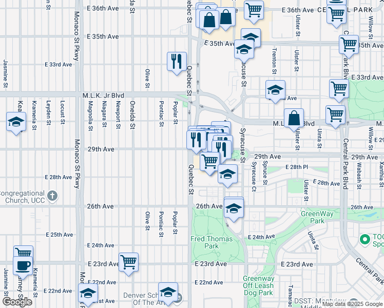map of restaurants, bars, coffee shops, grocery stores, and more near 2700 Quebec Street in Denver