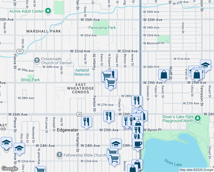 map of restaurants, bars, coffee shops, grocery stores, and more near 5650 West 29th Avenue in Wheat Ridge
