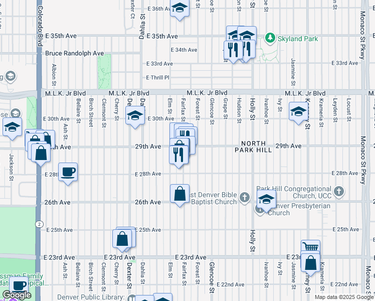 map of restaurants, bars, coffee shops, grocery stores, and more near 2823 Fairfax Street in Denver
