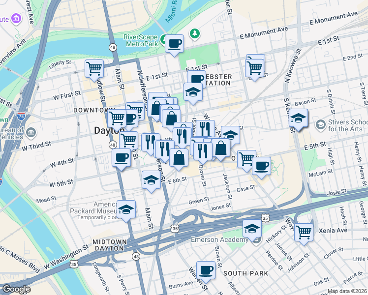 map of restaurants, bars, coffee shops, grocery stores, and more near 120 South Patterson Boulevard in Dayton