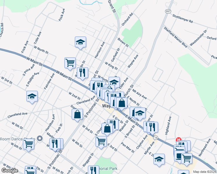 map of restaurants, bars, coffee shops, grocery stores, and more near 41 South Potomac Street in Waynesboro