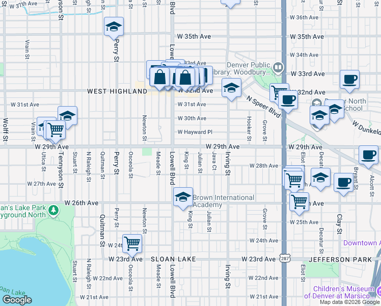 map of restaurants, bars, coffee shops, grocery stores, and more near 3434 West 29th Avenue in Denver