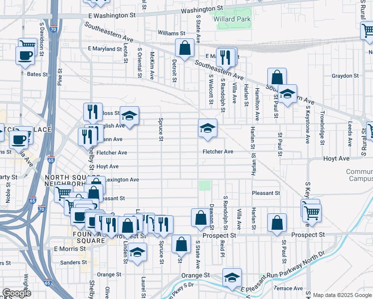 map of restaurants, bars, coffee shops, grocery stores, and more near 1620 Fletcher Avenue in Indianapolis